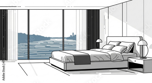 Modern bedroom interior with bed nightstand and city view from large window