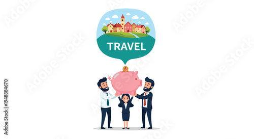 Professional business team holding up a large pink piggy bank dreaming of travel and vacation to a beautiful village.