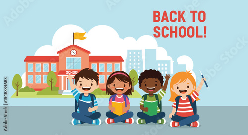 Group of diverse elementary students sitting together on the ground in front of a school building raising their hands.