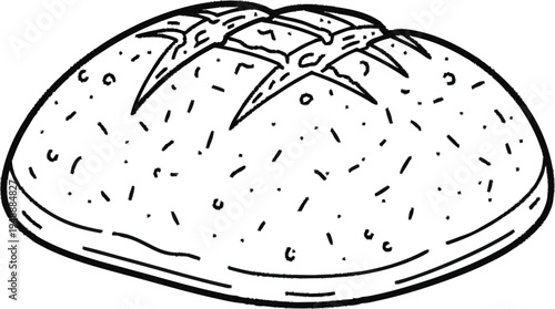 Freshly baked sourdough bread loaf icon in detailed line art for artisan bakery branding on transparent grid backdrop