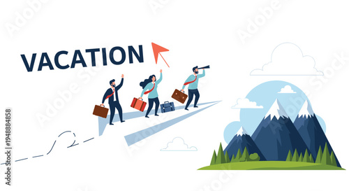 Team of business professionals flying on a paper airplane towards high snowy mountains for a well deserved vacation.