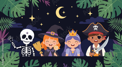 Diverse children in halloween costumes including a skeleton witch and pirate celebrating together under a moonlit sky.