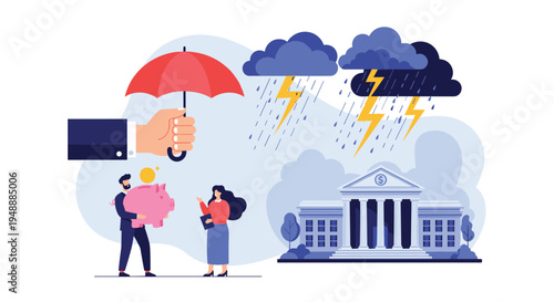 Large hand holding an umbrella to protect a man and his savings from a storm in front of a bank building.