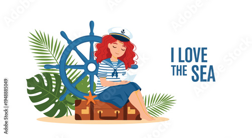 Girl with red hair dressed as a sailor sitting on a suitcase and holding a paper boat in a tropical beach setting.