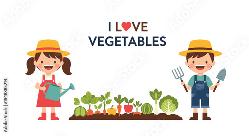 Boy and girl in hats gardening together in a vegetable patch with watering tools and fresh crops growing in soil.