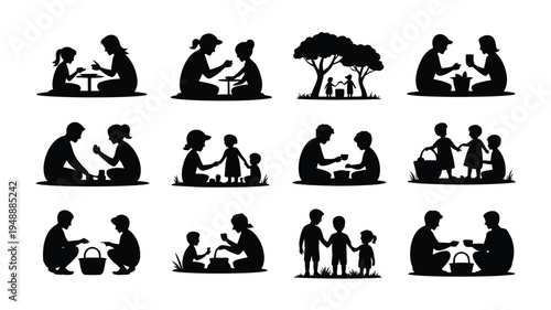 Black silhouettes of people interacting and family scenes in various settings