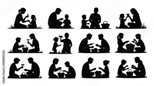 Silhouette graphic design featuring 12 distinct scenes of adults and children interacting and eating together outdoors in various picnic settings with different poses and emotions