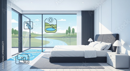 Modern bedroom with smart glass window serene landscape view and energy efficiency icons