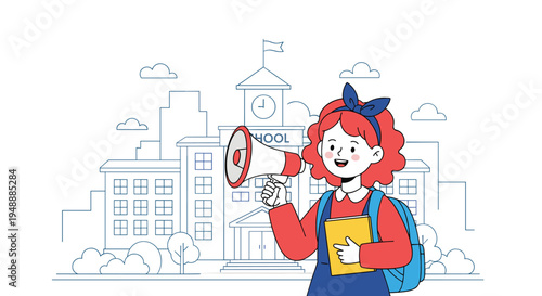 Young student girl with a megaphone and a book standing in front of a school building outline in a simple line art.