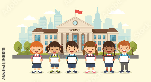 Group of primary school students standing in front of their school building while holding blank tablets for digital learning.