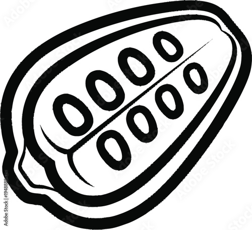 A single cocoa bean pod, cut open to reveal seeds inside, on a transparent checkered background