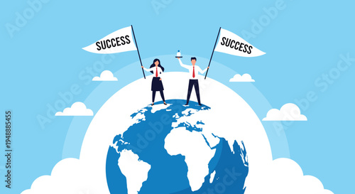 Successful business man and woman standing on top of the world globe holding flags to celebrate global achievement and victory.