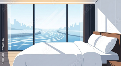 Modern hotel room with white bed and city skyline view through large window