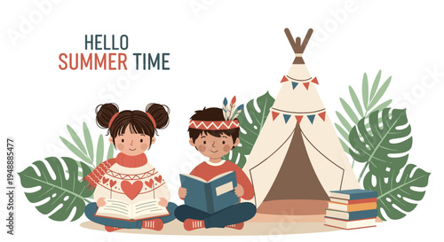 Little girl and boy dressed in native costumes sit outdoors reading books next to a decorated teepee tent during summertime.