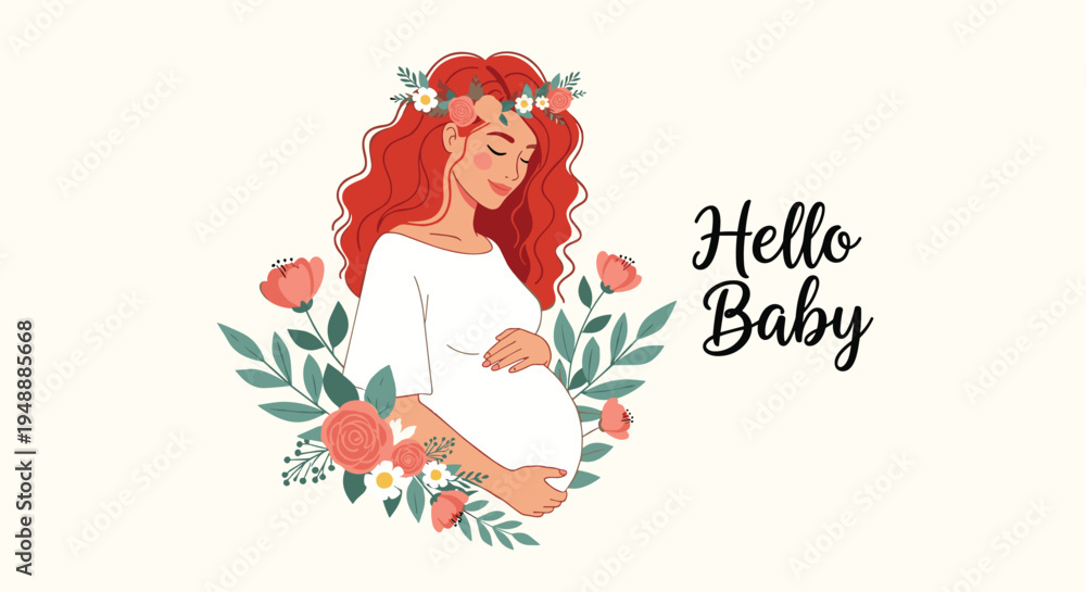 Fototapeta premium Beautiful pregnant woman with long red hair wearing a flower crown surrounded by delicate pink roses and green leaves.