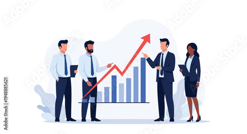Diverse professional business team analyzes a rising red arrow on a bar chart to celebrate growth and company success.