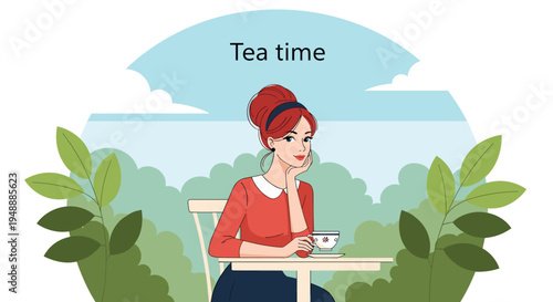 Elegant woman with red hair sitting at an outdoor table in a garden setting while enjoying a peaceful afternoon tea time.
