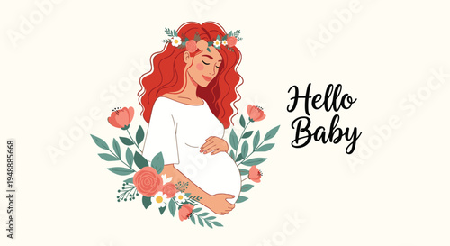 Beautiful pregnant woman with long red hair wearing a flower crown surrounded by delicate pink roses and green leaves.