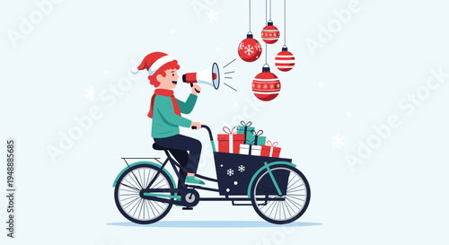 Cheerful boy wearing a Santa hat rides a cargo bicycle to deliver Christmas gifts and ornaments during the winter season.
