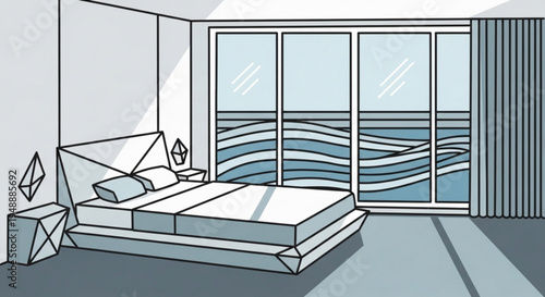 Modern bedroom interior with ocean view from large window minimalist design and calming ambiance