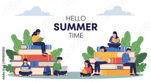 Students and avid readers sitting on giant stacks of colorful books while studying with laptops and reading during their summer break at home.