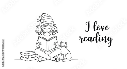 Outline illustration of a young girl wearing a beanie and sitting cross-legged while reading a book with her pet cat beside her for coloring.