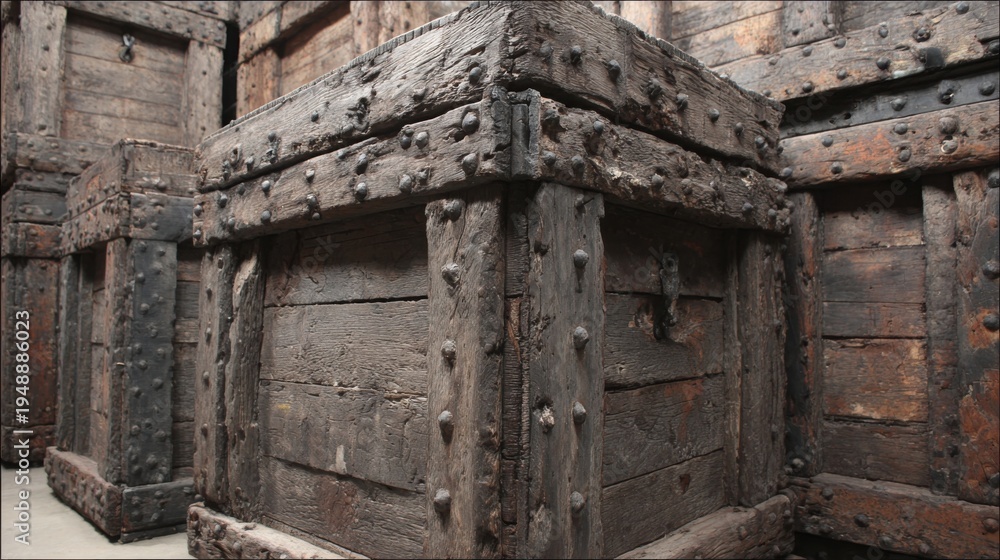 Fototapeta premium A stack of weathered, rough wooden crates with visible grain and metal studs, showing signs of age and use