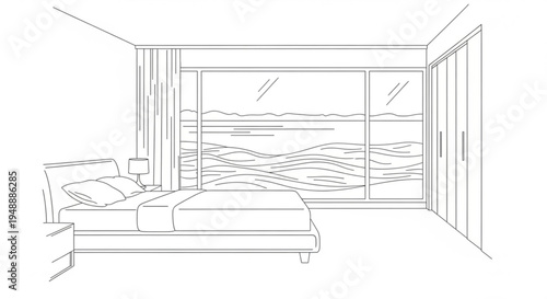 Modern bedroom interior with bed and large window overlooking landscape