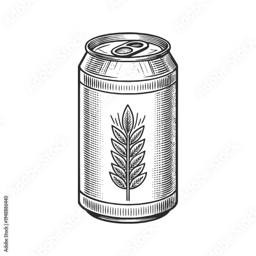 Vintage engraved beer can with hop emblem. Hand drawn black and white vector illustration in retro engraving style, ideal for craft beer branding, brewery packaging, beverage labels and bar design.