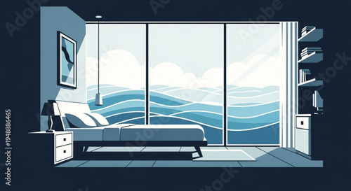 Serene ocean view bedroom with large window modern furniture and calming blue tones ideal for relaxation and tranquility