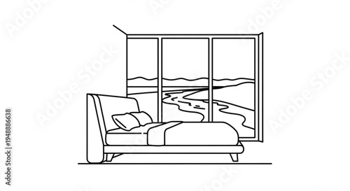 Cozy modern bed with pillows and blanket in front of large window overlooking serene landscape