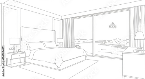 Modern bedroom interior with large window and city view at night comfortable bed with pillows and lamps on nightstands