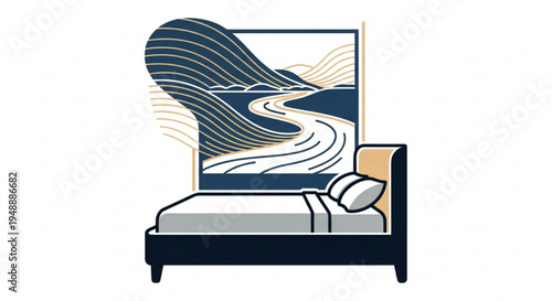 Modern bedroom with abstract landscape painting on wall minimalist decor serene ambiance and stylish furniture