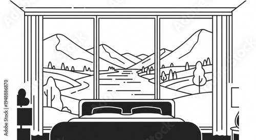 Serene bedroom interior with mountain landscape view through large window peaceful atmosphere minimalist design