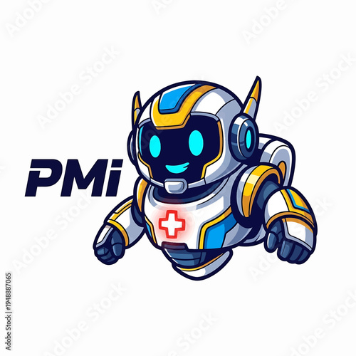 Robot mascot hero with medical cross and PMI branding