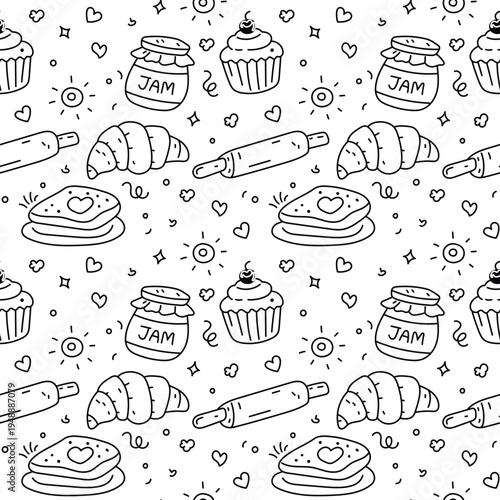 Hand Drawn Seamless Bakery Pattern with Croissant, Pancakes, Cupcake, Jam Jar and Rolling Pin