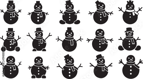 Black and white snowman illustrations in various poses