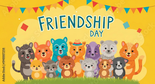 Colorful cartoon animals celebrate friendship day with festive decorations and banners on yellow background