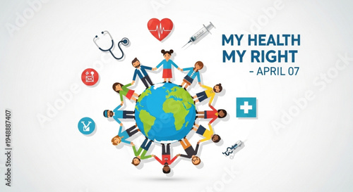 World health day poster with diverse people around the globe medical symbols and currency icons promoting healthcare and wellness