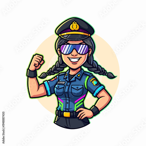 Female police officer in uniform with sunglasses and braided hair in confident pose