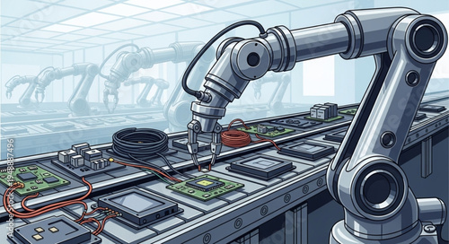 Robotic arm assembling electronic circuit boards on a conveyor belt.