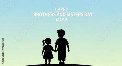 Silhouette of brother and sister holding hands on brothers and sisters day may 2nd against a blue and green gradient background