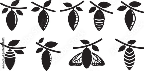 Black and white moth icons with leaves on branches