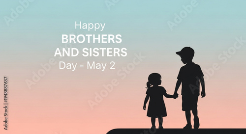 Silhouette of boy and girl holding hands on brothers and sisters day with colorful sunset background