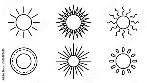 A collection of six distinct line art sun icons, each featuring unique ray designs, presented in a minimalist black and white style.