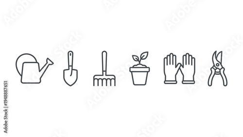 Line art icons of various gardening tools including a watering can, shovel, rake, potted plant, gloves, and pruning shears.