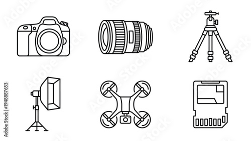 Line art icons illustrating various photography and videography equipment, including a camera, lens, tripod, studio light, drone, and memory card.