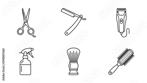 Line art icons of barber and hairdresser tools including scissors, razor, clipper, spray bottle, shaving brush, and hairbrush on a white background.