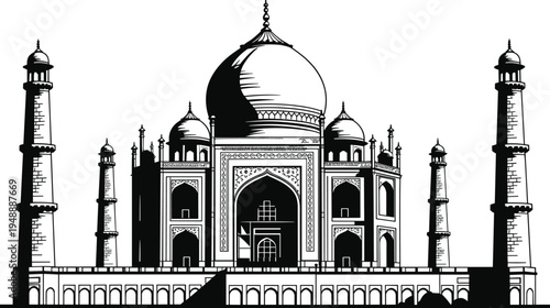 Black and white of the Taj Mahal with intricate architectural details and four minarets architecture