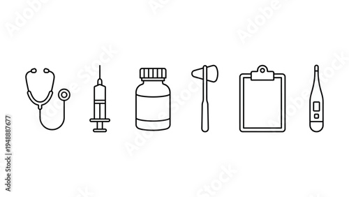 A collection of medical tools and healthcare equipment icons in a simple line art style.